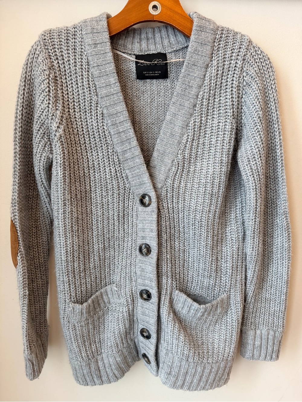 Zara Light Gray Knit Button-Front Cardigan with Elbow Patches